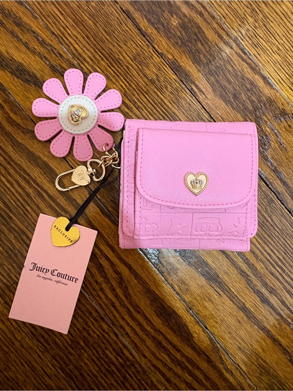 Juicy Couture Pink Flower Keychain Wallet with Gold Heart Accent